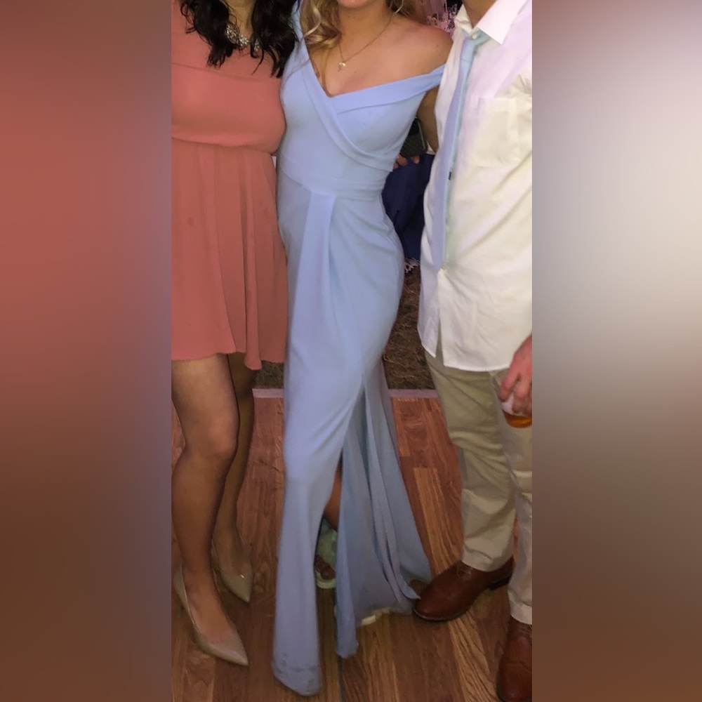 David’s Bridal Baby Blue Bridesmaid Dress Off the Shoulder Maxi Dress size 2